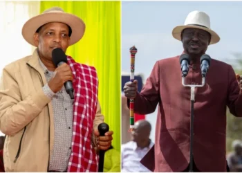 Raila Odinga (r) directed Kajiado Governor Joseph Ole Lenku to immediately offer a job to the late Mathew Lempurkel’s widow. Photo|courtesy.