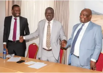Edwin Sifuna, Raila Odinga (deceased) and Godfrey Osotsi. Photo, courtesy.