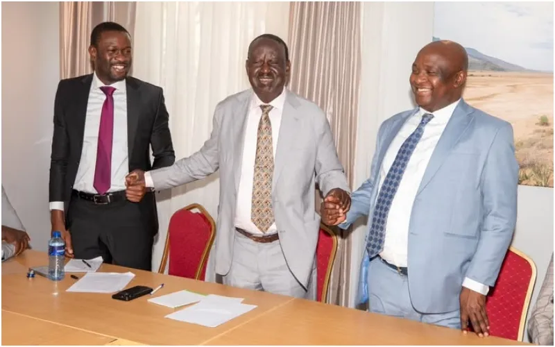 Edwin Sifuna, Raila Odinga (deceased) and Godfrey Osotsi. Photo, courtesy.