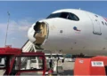 An Iberia Airbus A321XLR returned safely to Madrid after a bird strike damaged its nose cone. Photo: SLCS Scanner. Source: X.