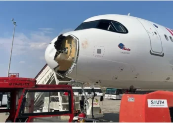 An Iberia Airbus A321XLR returned safely to Madrid after a bird strike damaged its nose cone. Photo: SLCS Scanner. Source: X.