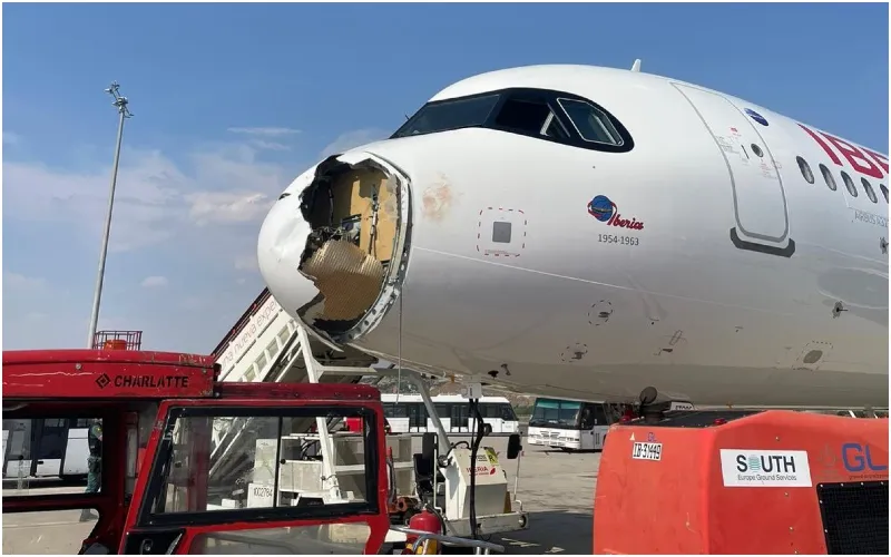 An Iberia Airbus A321XLR returned safely to Madrid after a bird strike damaged its nose cone. Photo: SLCS Scanner. Source: X.