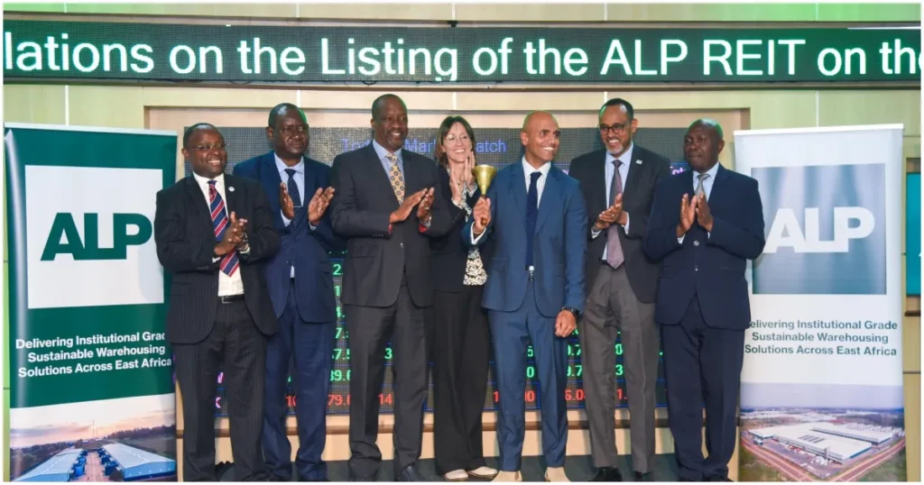 From left: Frank Mwiti, Chief Executive Officer, Nairobi Securities Exchange; Stephen Odua, Director of Industries, State Department for Investment Promotion, Ministry of Investment, Trade and Industry; Kiprono Kittony, Chairman, Nairobi Securities Exchange; H.E. Diana Dalton, Deputy High Commissioner to Kenya, British High Commission Kenya; Raghav Gandhi, Chief Executive Officer, Africa Logistics Properties; Ugas Sheikh-Mohamed, Chairman, Capital Markets Authority; and Wyckliffe Shamiah, Chief Executive Officer, Capital Markets Authority, during the ALP Industrial Real Estate Investment Trust (ALP REIT) listing and bell-ringing ceremony at the Nairobi Securities Exchange in Nairobi on Wednesday, 11th March 2026. Photo: Dennis Lubanga. Source: Original.