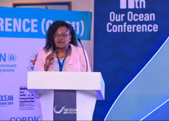 East African Wildlife Society Executive Director Nancy Ogonje addresses delegates during the 11th Our Ocean Conference in Mombasa. Photo: Dennis Lubanga. Source: Original.