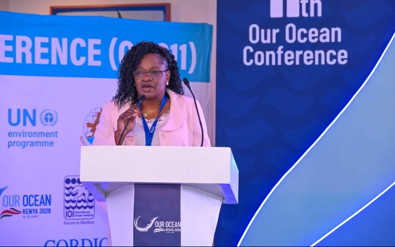 East African Wildlife Society Executive Director Nancy Ogonje addresses delegates during the 11th Our Ocean Conference in Mombasa. Photo: Dennis Lubanga. Source: Original.